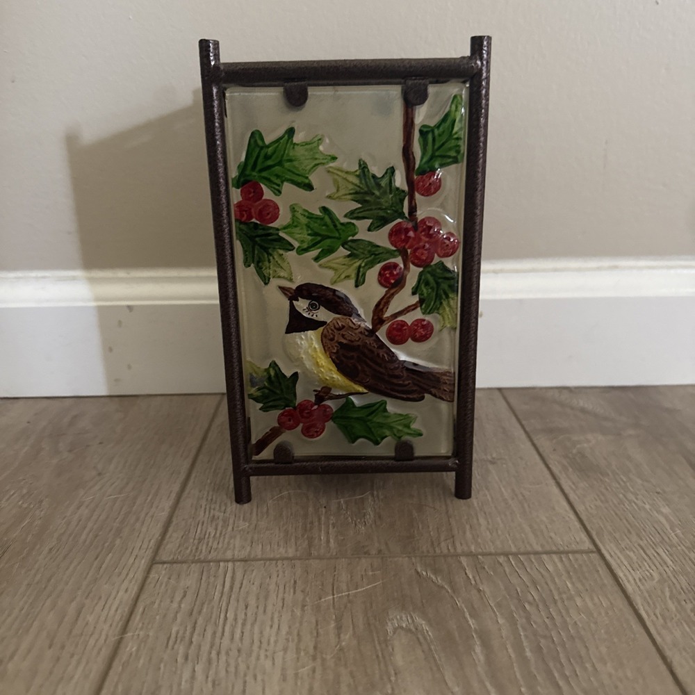 NEW Bird Lantern Tea Light Candle Holder Glass Metal Frame Holly And Berries